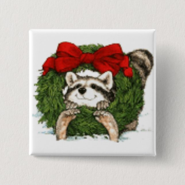 WeihnachtsKranz-Dekoration und Waschbär Button (Vorderseite)