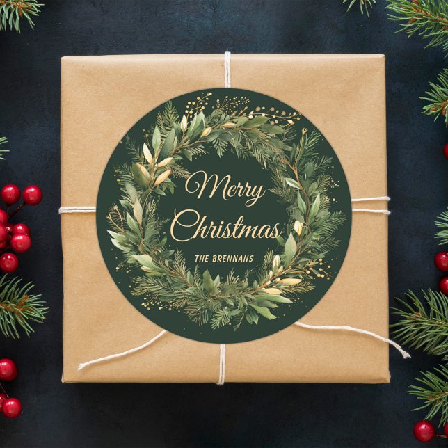 Weihnachtskranz Elegante Festlich Grüne Botanische Runder Aufkleber (Christmas Wreath Elegant Festive Green Botanical Classic Round Sticker)
