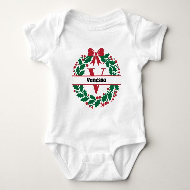 Weihnachtskranz Familie Matching Name Letter V Baby Strampler (Vorderseite)