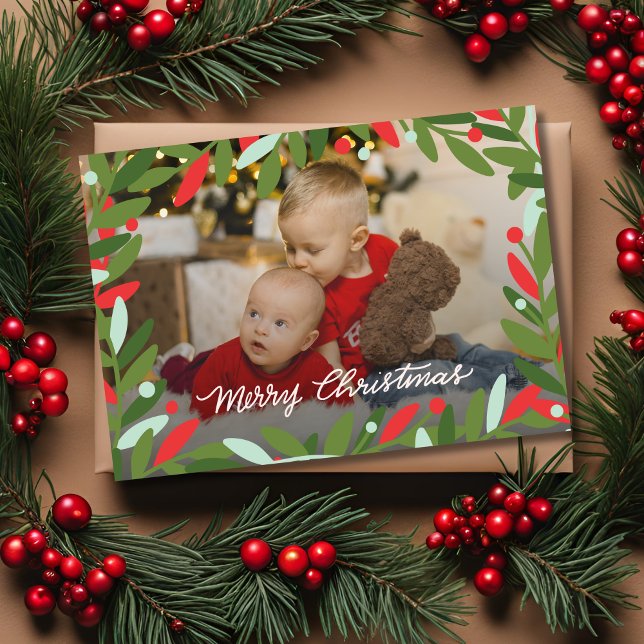 Weihnachtskranz-Flachbild-Fotokarte Feiertagskarte (Holiday Foliage Wreath Greeting Card)
