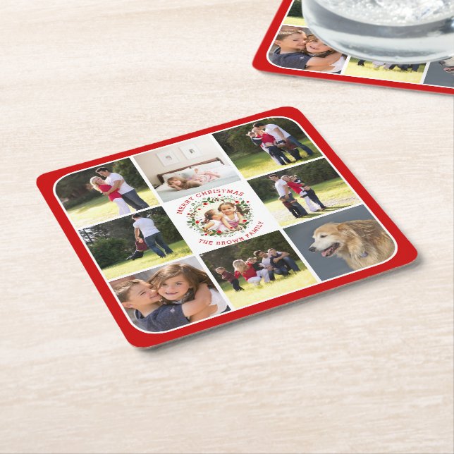 Weihnachtskranz, Foto-Collage mit neun Fotos Rechteckiger Pappuntersetzer (angewinkelt)