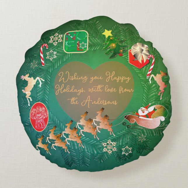Weihnachtskranz + Foto Ferienkarte Rundes Kissen (Rückseite)