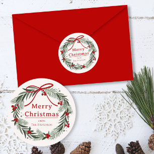 Weihnachtskranz Frohe Feiertage Familienname Runder Aufkleber