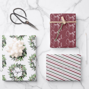 Weihnachtskranz Fröhliche Schrift Rot Grün Feierta Geschenkpapier Set