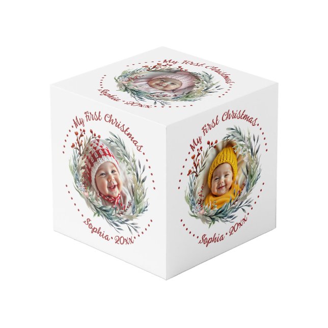 Weihnachtskranz, Grünpflanzen, Beeren-Foto Würfel (Vorderseite Schrägansicht)