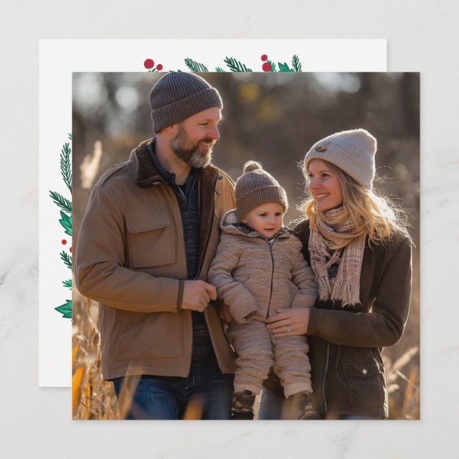 Weihnachtskranz handGezeichnet CUSTOM-FOTO Feiertagskarte (Vorne/Hinten)