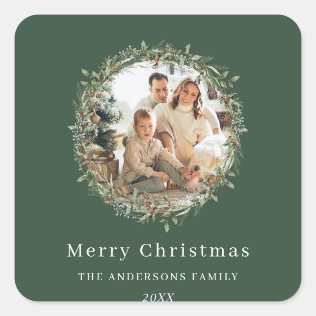 Weihnachtskranz im modernen Foto Quadratischer Aufkleber (Vorderseite)