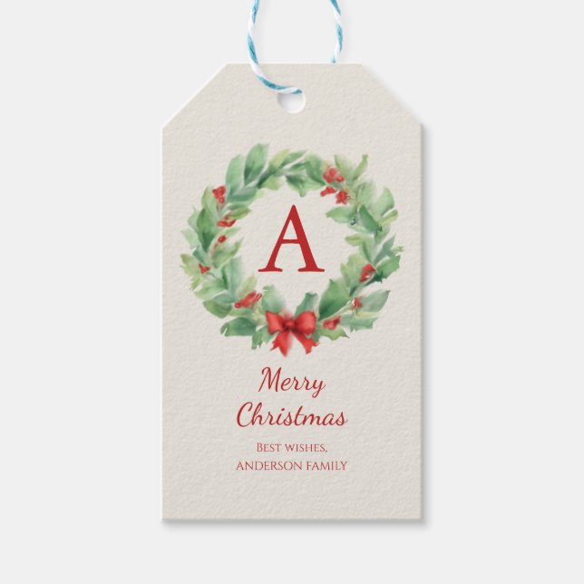 Weihnachtskranz in Aquarellfarbenmonogramm und Nam Geschenkanhänger (Vorderseite)