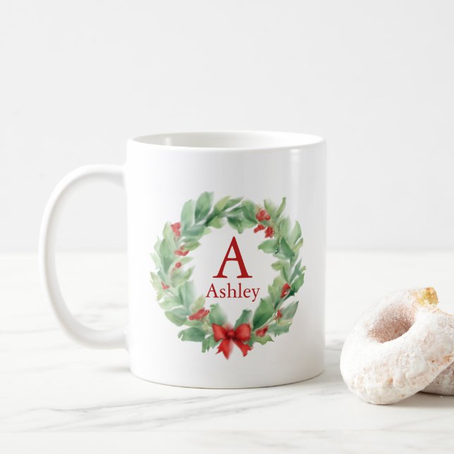 Weihnachtskranz in Aquarellfarbenmonogramm und Nam Kaffeetasse (Mit Donut)