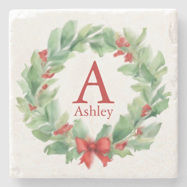 Weihnachtskranz in Aquarellfarbenmonogramm und Nam Steinuntersetzer (Vorderseite)