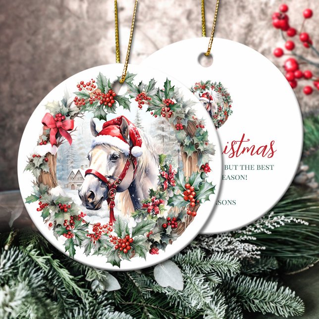 Weihnachtskranz Keramik Ornament (White horse Christmas holly berry wreath Ceramic Ornament)