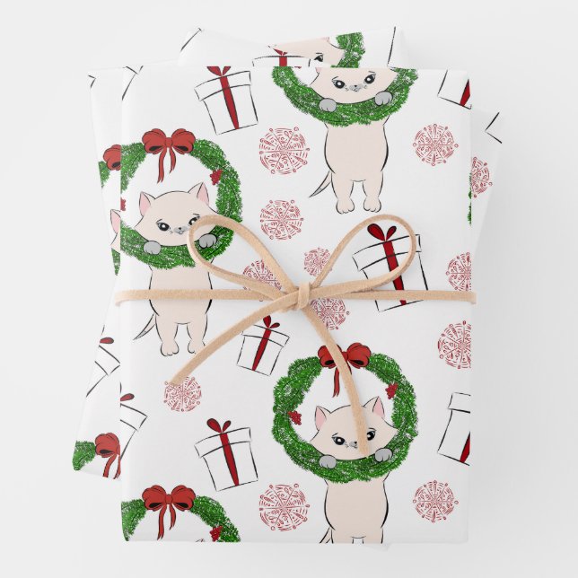 Weihnachtskranz, Kitten und Geschenke Geschenkpapier Set (Beispiel)
