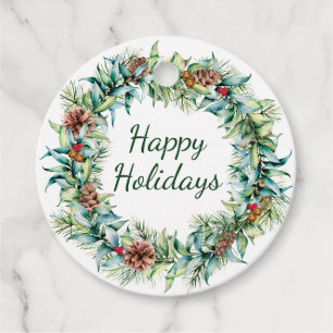 Weihnachtskranz mit Berries und Glockentags Geschenkanhänger