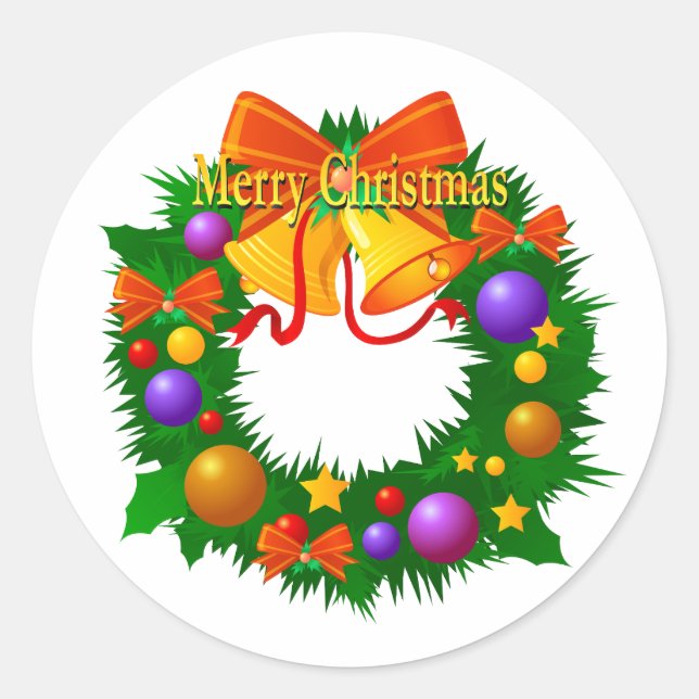 Weihnachtskranz mit Glocken und Ornamenten Runder Aufkleber (Vorderseite)