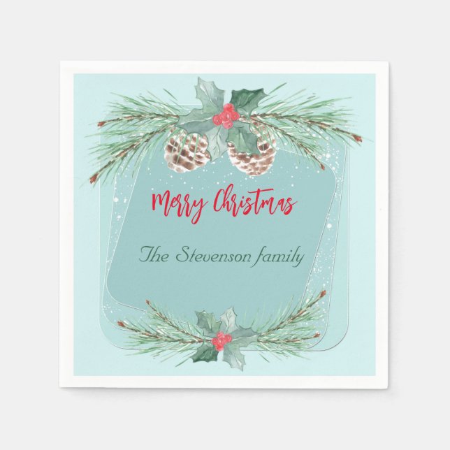 Weihnachtskranz mit Heiligen und Fichtenzweigen. Serviette (Vorderseite)