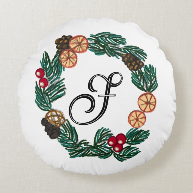 Weihnachtskranz mit individualisierbarem Anfangsbu Rundes Kissen (Vorderseite)