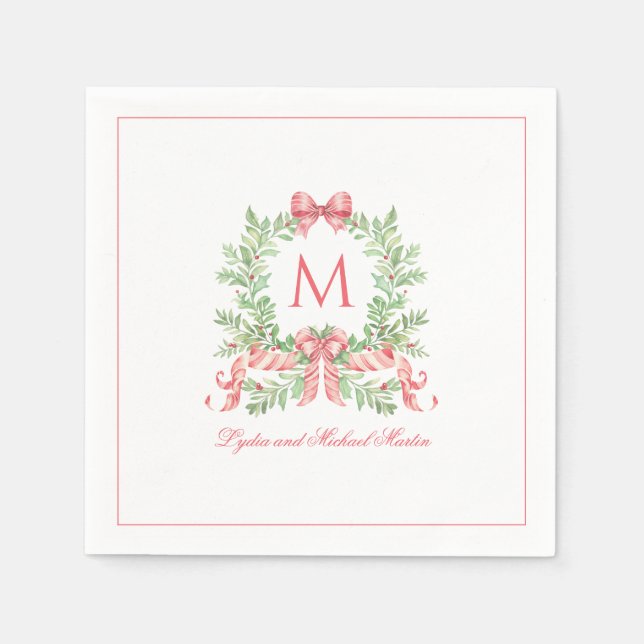 Weihnachtskranz mit Lebkuchenstab-Bogen | Monogram Serviette (Vorderseite)