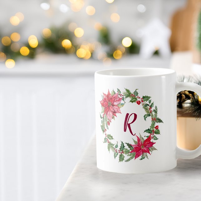 Weihnachtskranz mit Monogramm Kaffeetasse (Monogram Christmas Wreath Coffee Mug)