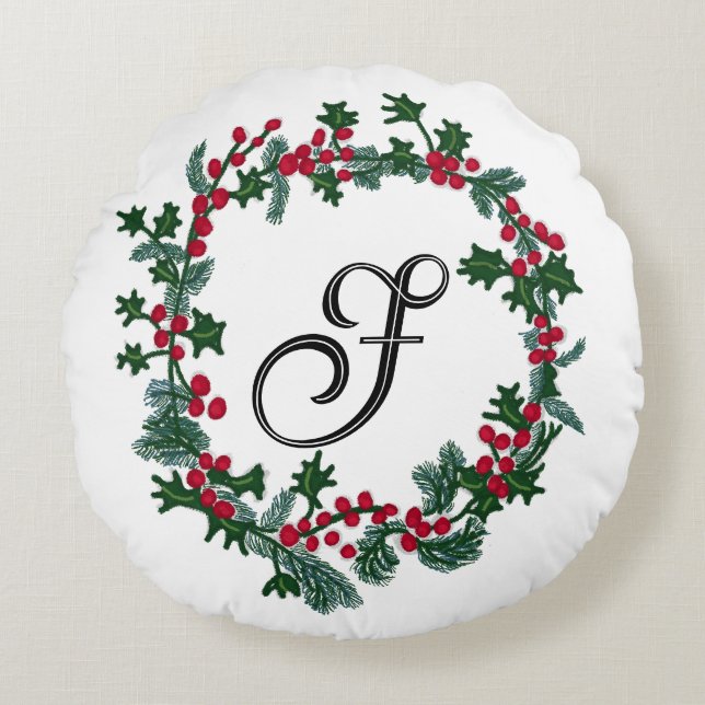 Weihnachtskranz mit personalisiertem Anfangskrieg Rundes Kissen (Vorderseite)
