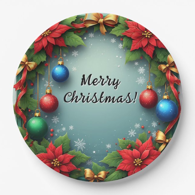 Weihnachtskranz mit Poinsettias Pappteller (Vorderseite)