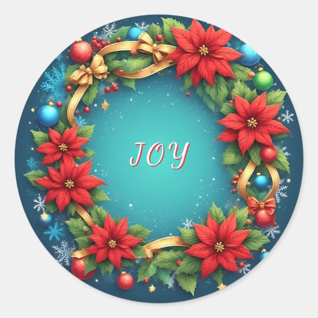 Weihnachtskranz mit Red Poinsettias Runder Aufkleber (Vorderseite)