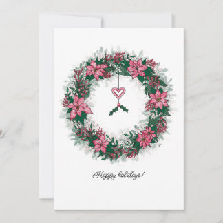 Weihnachtskranz mit rosa und weißen Poinsettien Feiertagskarte