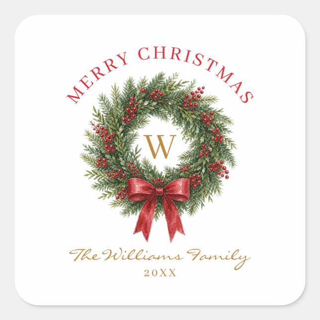 Weihnachtskranz mit rotem Band und Monogramm Quadratischer Aufkleber (Vorderseite)