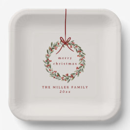 Weihnachtskranz mit rotem Bogen Pappteller