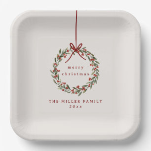 Weihnachtskranz mit rotem Bogen Pappteller