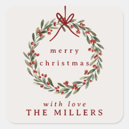 Weihnachtskranz mit rotem Bogen Quadratischer Aufkleber