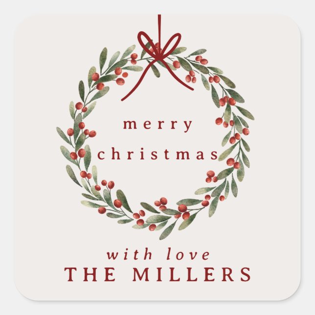 Weihnachtskranz mit rotem Bogen Quadratischer Aufkleber (Vorderseite)