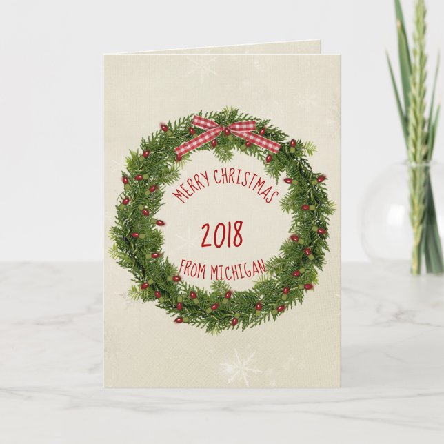 Weihnachtskranz mit roten Lichtern Karte (Vorderseite)