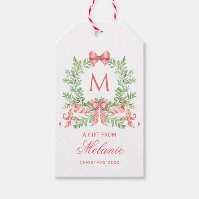 Weihnachtskranz mit Schleife | Monogramm Geschenkanhänger (Vorderseite)