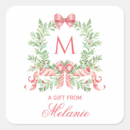 Weihnachtskranz mit Schleife | Monogramm Quadratischer Aufkleber