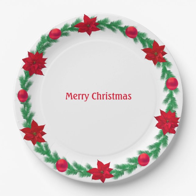 Weihnachtskranz, Poinsettias und Weihnachtsbällche Pappteller (Vorderseite)