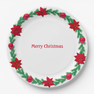 Weihnachtskranz, Poinsettias und Weihnachtsbälle Pappteller