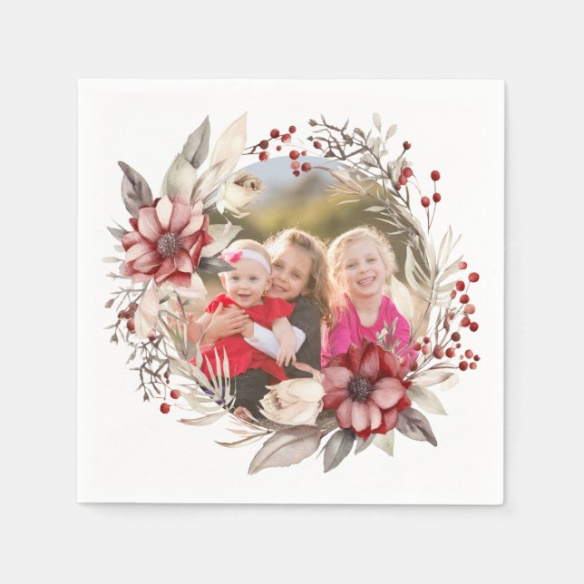 Weihnachtskranz, rote Blume und Beeren Foto Serviette (Vorderseite)