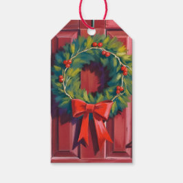 Weihnachtskranz rote Tür Aquarell Geschenkanhänger