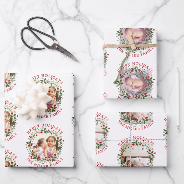 Weihnachtskranz, Roter Glückspilz 3 Foto Geschenkpapier Set (Vorderseite)