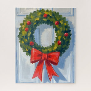 Weihnachtskranz rotes Band weiße Wasserfarbe