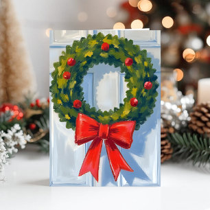 Weihnachtskranz rotes Band weiße Wasserfarbe Feiertagskarte