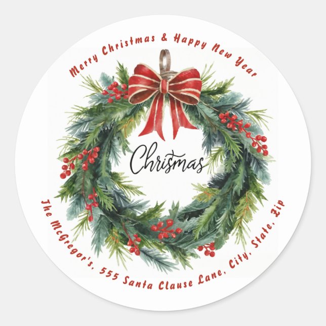 Weihnachtskranz-Rücksendeadresse Vintag Runder Aufkleber (Vorderseite)