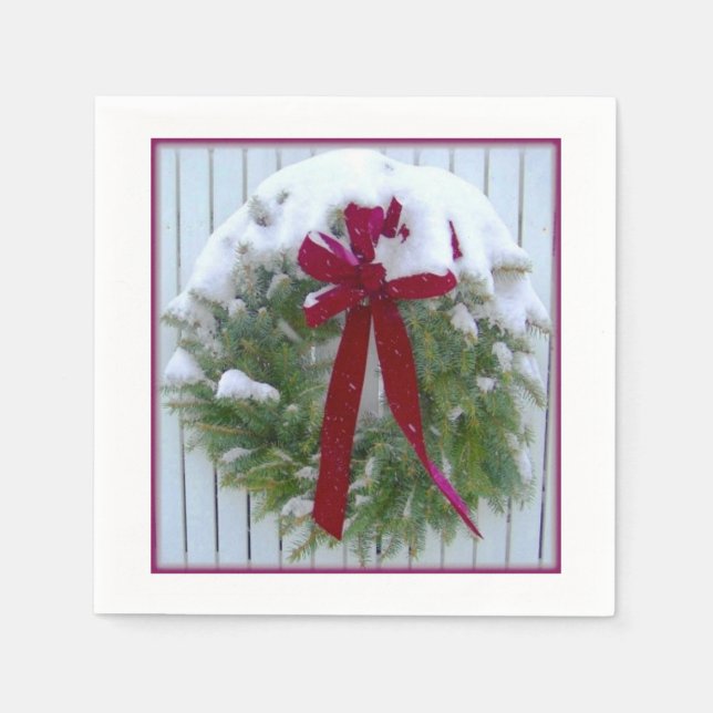 Weihnachtskranz Schneedecke Holiday Red Bow Serviette (Vorderseite)