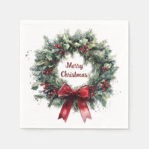 Weihnachtskranz Stechpalmenblätter rotes Band Grün Serviette