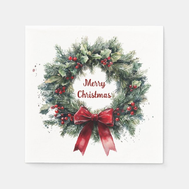 Weihnachtskranz Stechpalmenblätter rotes Band Grün Serviette (Vorderseite)