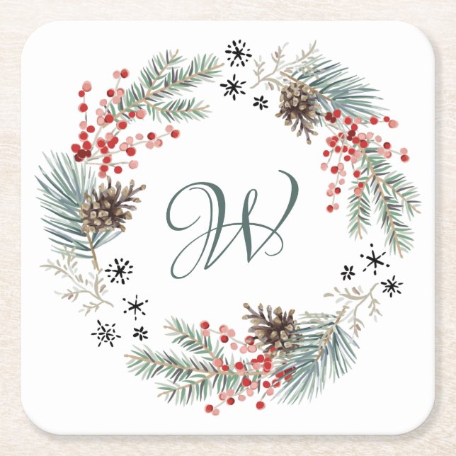 Weihnachtskranz Tannenbeere Schneeflocken Monogram Rechteckiger Pappuntersetzer (Vorderseite)