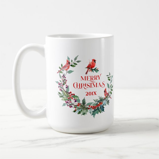 Weihnachtskranz, Typografie und Roter Robin Kaffeetasse (Links)