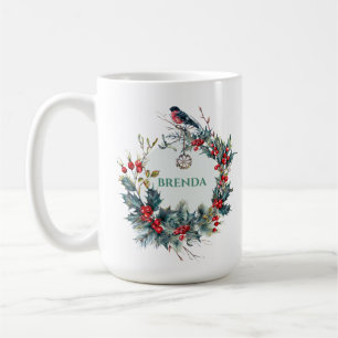 Weihnachtskranz und Roter Robin mit Monogramm Kaffeetasse