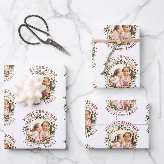 Weihnachtskranz und Rotes Weihnachtsfest Foto Geschenkpapier Set (Vorderseite)