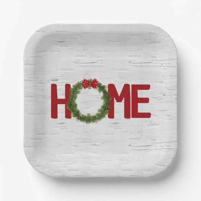 Weihnachtskranz und Zuhause-Text auf Birne Pappteller (Vorderseite)